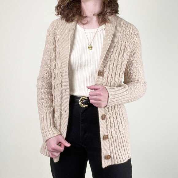 Vintage Lambswool Cable Knit Aran Cardigan Sweater Long Scandinavian Fisherman - Picture 7 of 7